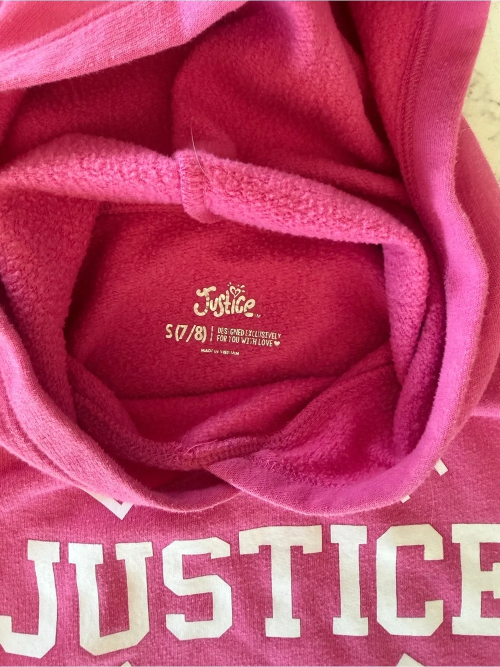 Justice Girls Pink Fleece Pullover Hoodie Live Love Justice Size 7/8
